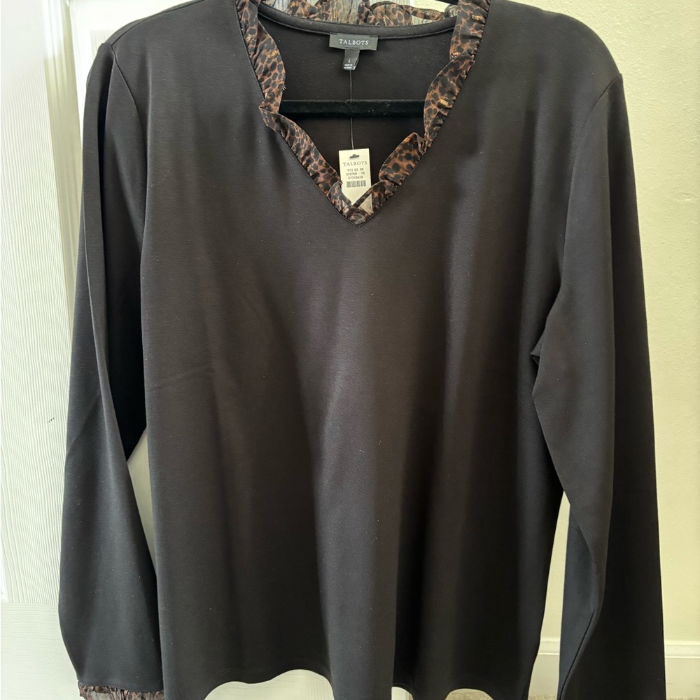 Talbots Black Long Sleeve Top with Animal Print Trim